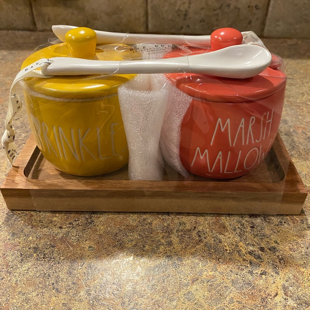 Rae Dunn Yellow and Red Ceramic Jars with Spoons